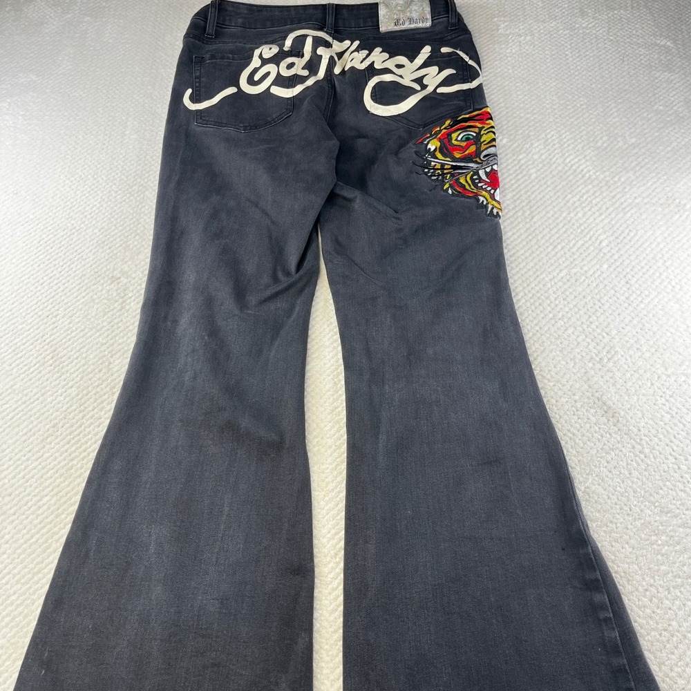 Ed Hardy Tiger Embroidered Flared Jeans Black Denim Y2K WEHD8400-1 Mens 30 - Picture 3 of 9